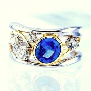 Gorgeous 14k Gold 925 Silver Blue Sapphire Diamond Ring
